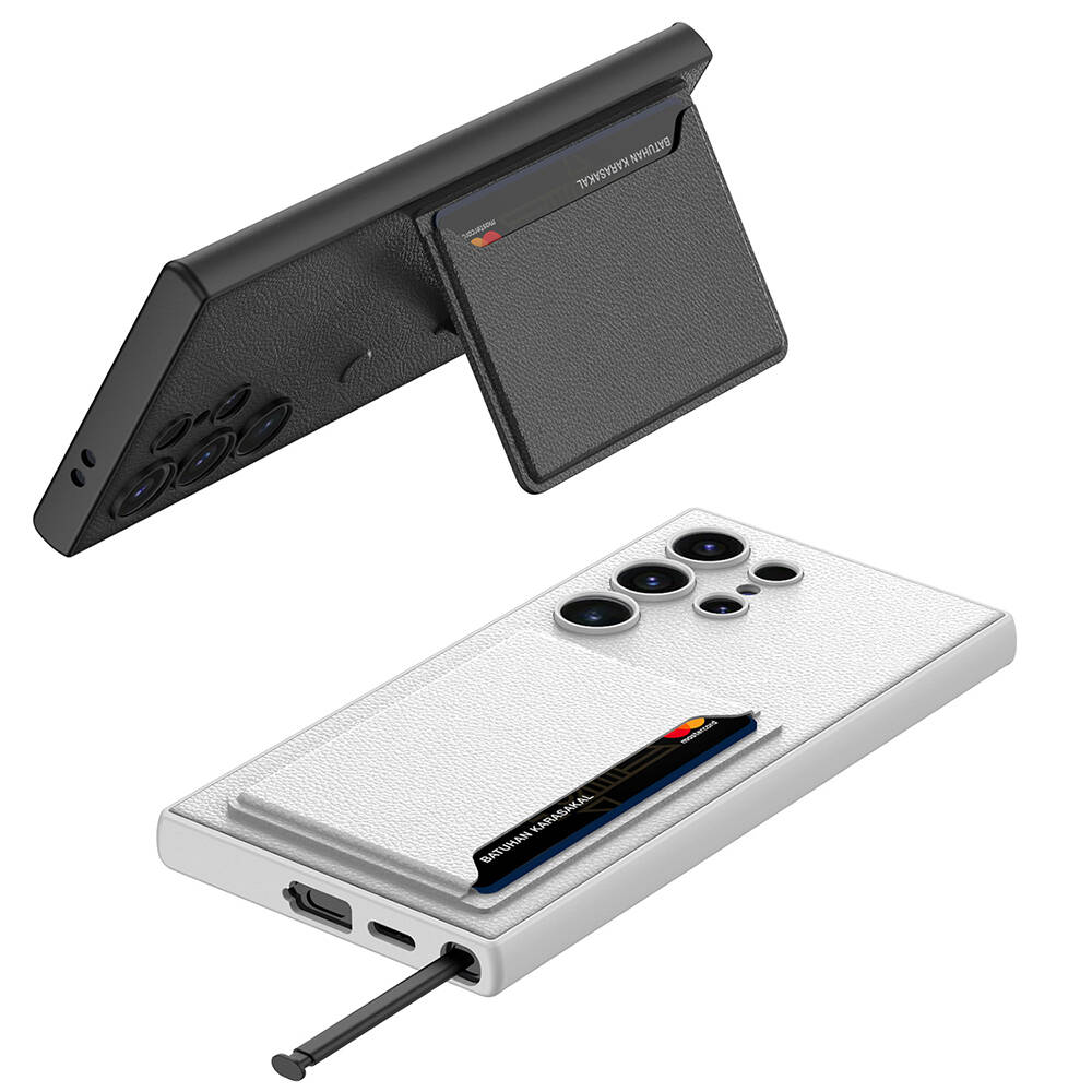 Samsung Galaxy S24 Ultra Uyumlu Suni Deri Arka Yüzey Sürgülü Kamera Korumalı Zore Kartlıklı Kıpta Silikon Kapak - 9