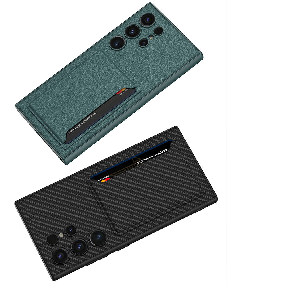 Samsung Galaxy S24 Ultra Uyumlu Suni Deri Arka Yüzey Sürgülü Kamera Korumalı Zore Kartlıklı Kıpta Silikon Kapak - 10