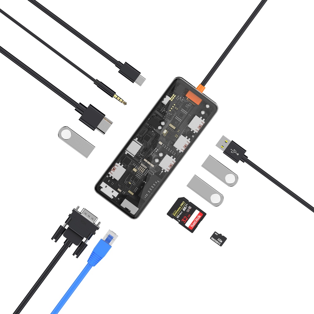 Wiwu CB011 Cyber 11 in 1 Type-C Hub 100W Şarj Destekli Şeffaf Görünümlü SD Kart-RJ45-Hdmi-VGA-Usb Çoğaltıcı - 1