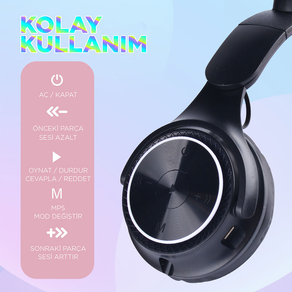 Zore M6 Pro Cat RGB Led Işıklı Kedi Kulağı Band Tasarımlı Ayarlanabilir ve Katlanabilir Kulak Üstü Bluetooth Kulaklık - 4