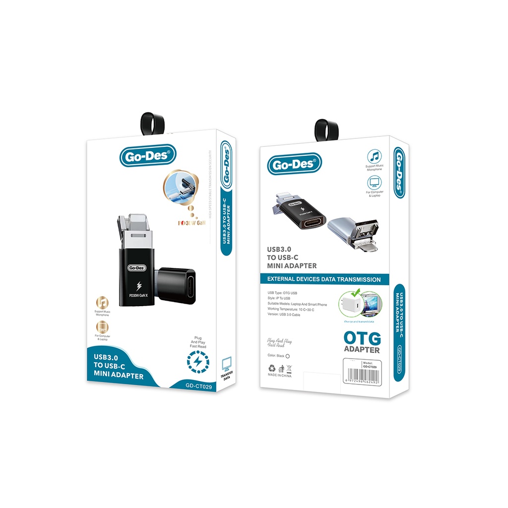 Go Des GD-CT029 PD30W GaN Teknolojili Type-C to Lightning & USB-A OTG - 1