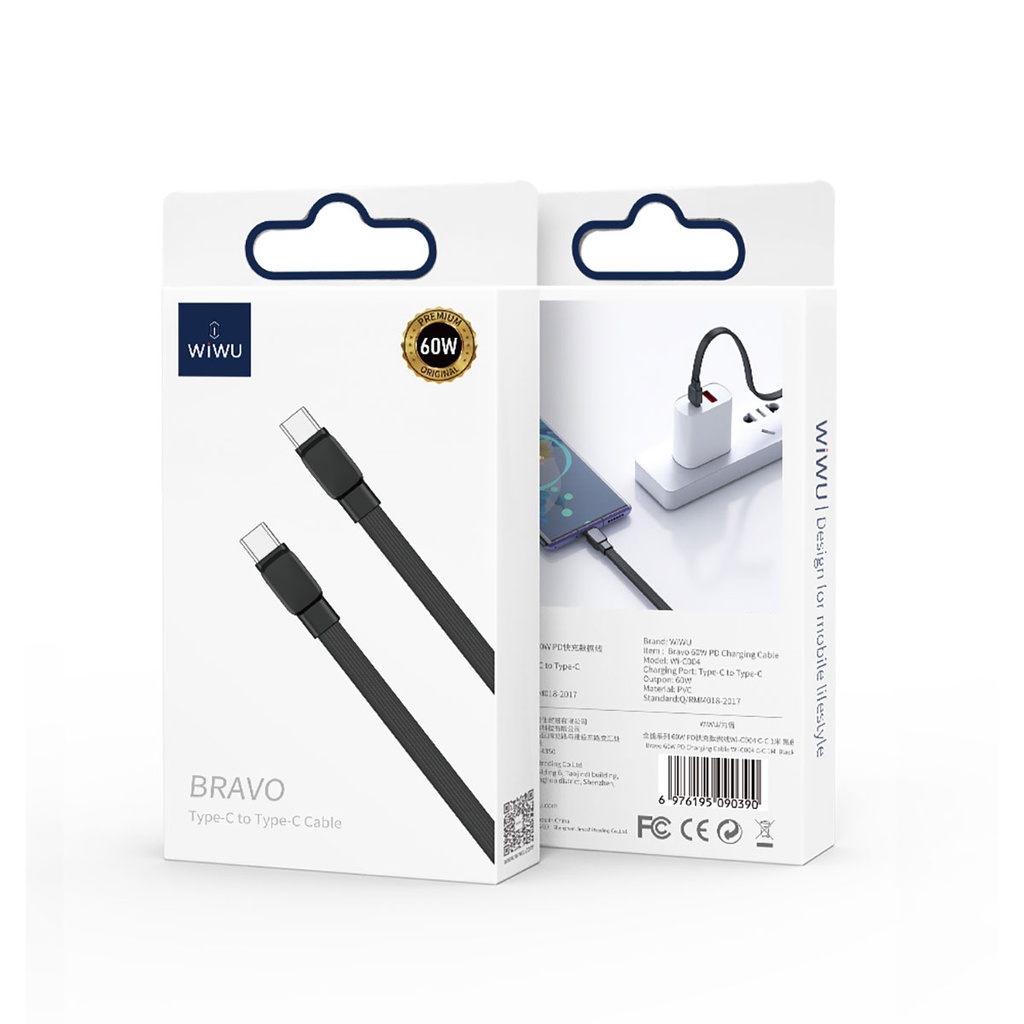 Wiwu Bravo Wİ-C004 Yassı Tasarım 60W Hızlı Şarj Özellikli Type-C To Type-C PD Kablo 1M - 8