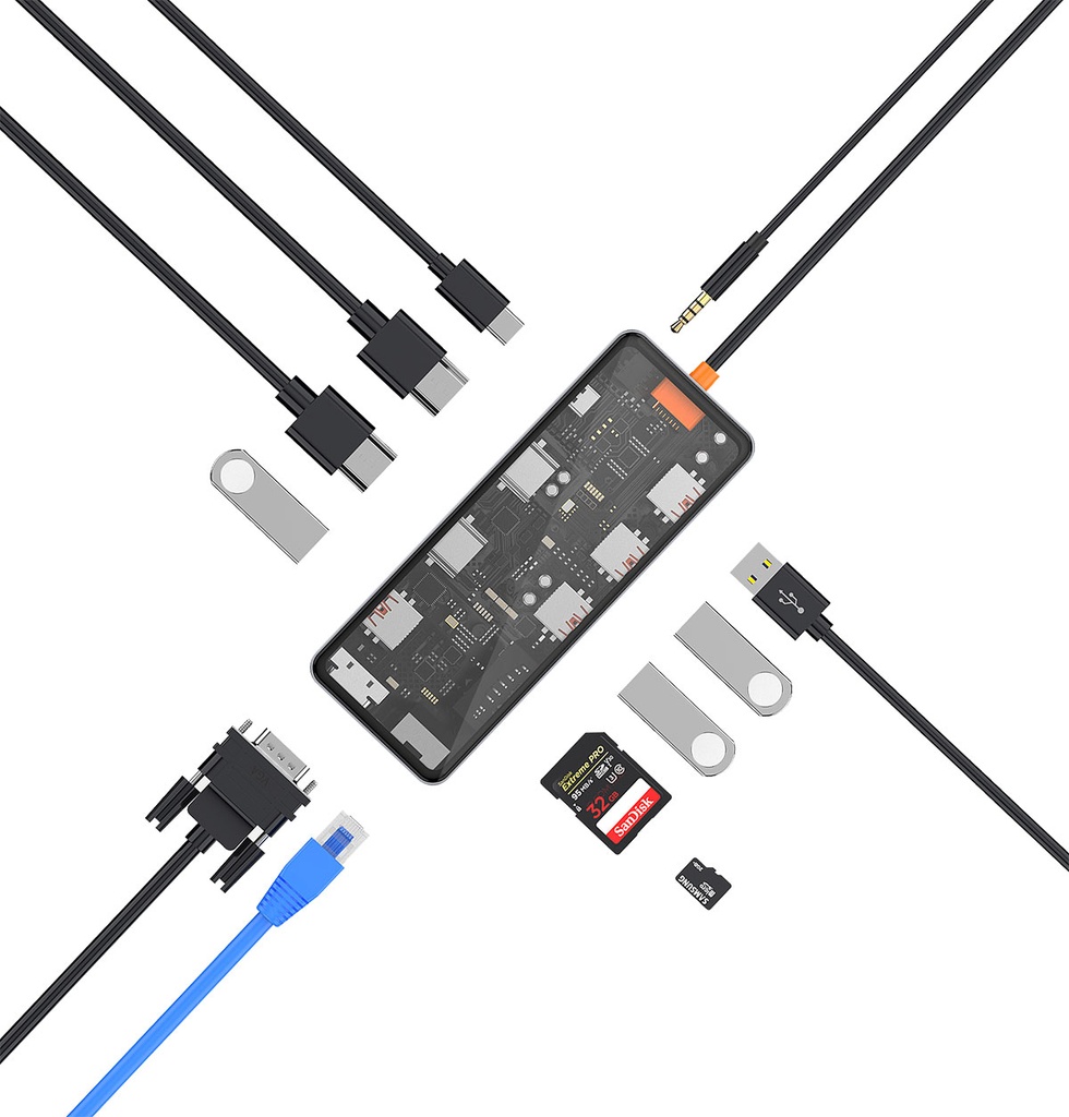 Wiwu CB012 Cyber 12 in 1 Type-C Hub 100W Şarj Destekli Şeffaf Görünümlü SD Kart-RJ45-Hdmi-VGA-Usb Çoğaltıcı - 1