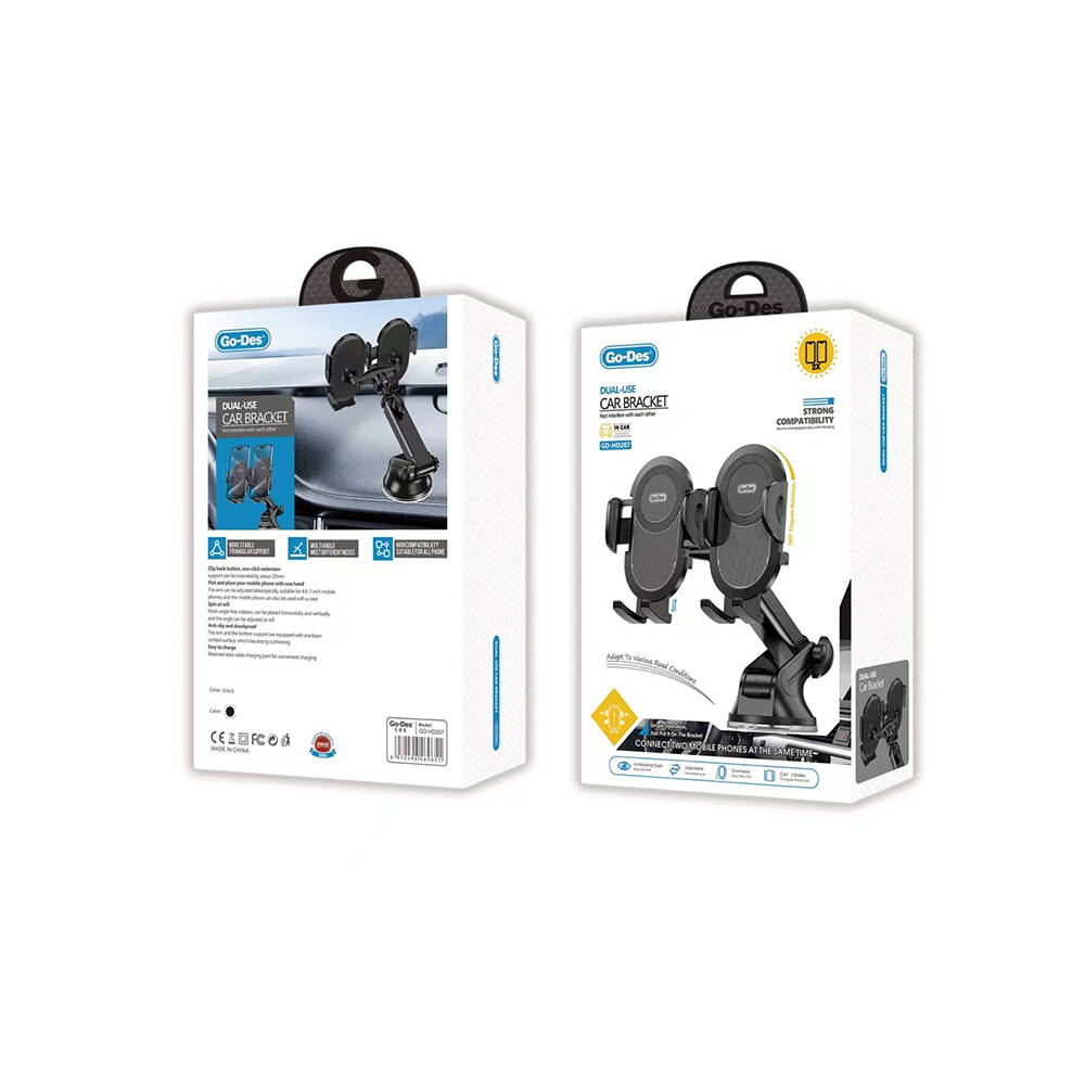 Go Des GD-HD207 Çift Kullanım Vantuzlu Tasarım İkili Araç Telefon Tutucu - 2