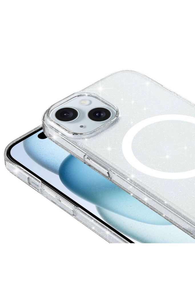 Apple iPhone 15 Uyumlu Kılıf Zore Magsafe Şarj Özellikli Simli Şeffaf Arka Yüzey Erdos Silikon Kapak