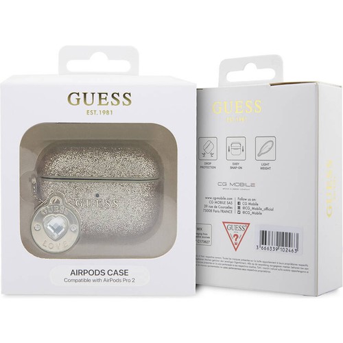 Apple Airpods Pro 2 Uyumlu Kılıf Guess Orjinal Lisanslı Glitter Elmas Kalp Süs Zincirli Kapak