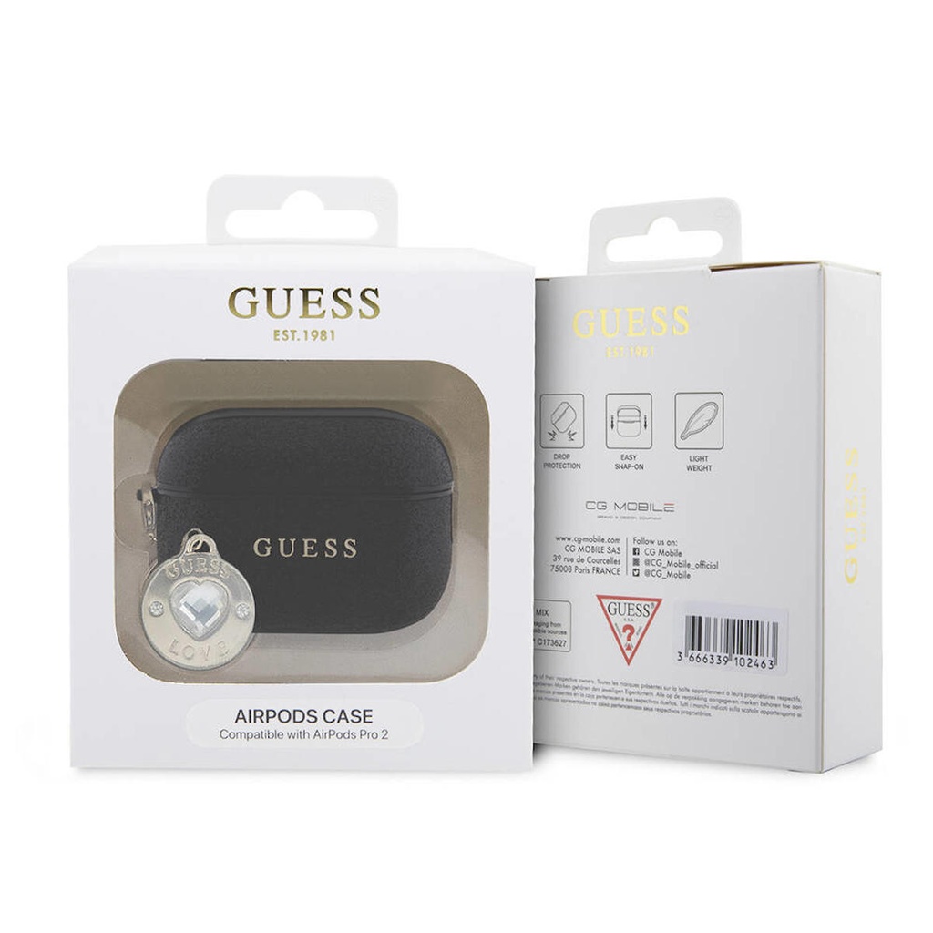 Apple Airpods Pro 2 Uyumlu Kılıf Guess Orjinal Lisanslı Glitter Elmas Kalp Süs Zincirli Kapak