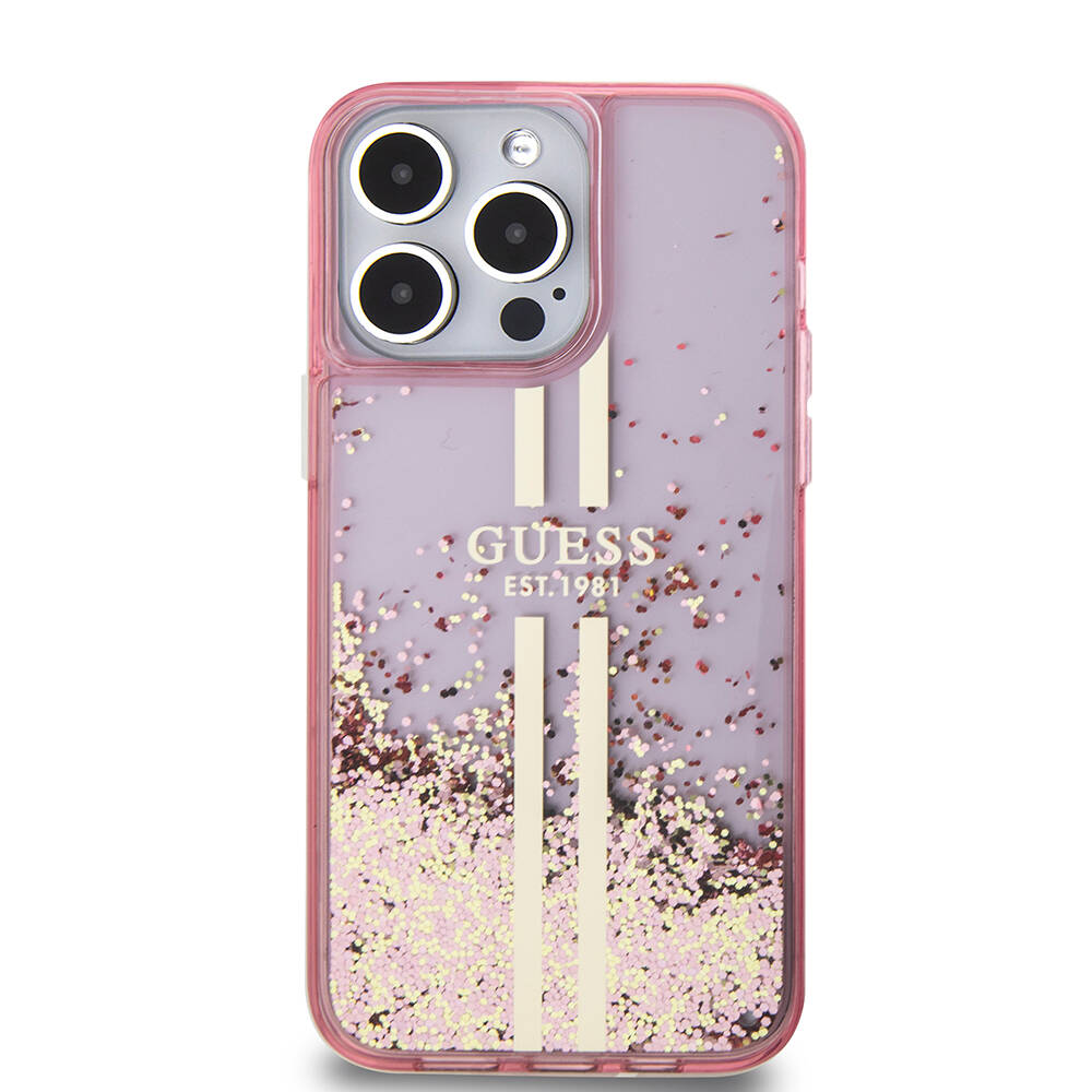 Apple iPhone 15 Pro Max Uyumlu Kılıf Guess Orjinal Lisanslı Transparan Sıvılı Simli Altın Çizgili Kapak - 2
