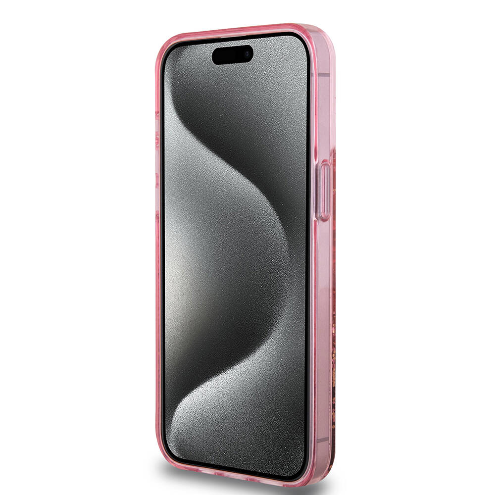 Apple iPhone 15 Pro Max Uyumlu Kılıf Guess Orjinal Lisanslı Transparan Sıvılı Simli Altın Çizgili Kapak - 4