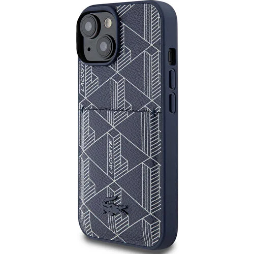 Apple iPhone 15 Uyumlu Kılıf Lacoste Orjinal Lisanslı Magsafe Şarj Özellikli PU Deri Görünümlü Kartlıklı Karışık Monogram Desenli Kapak