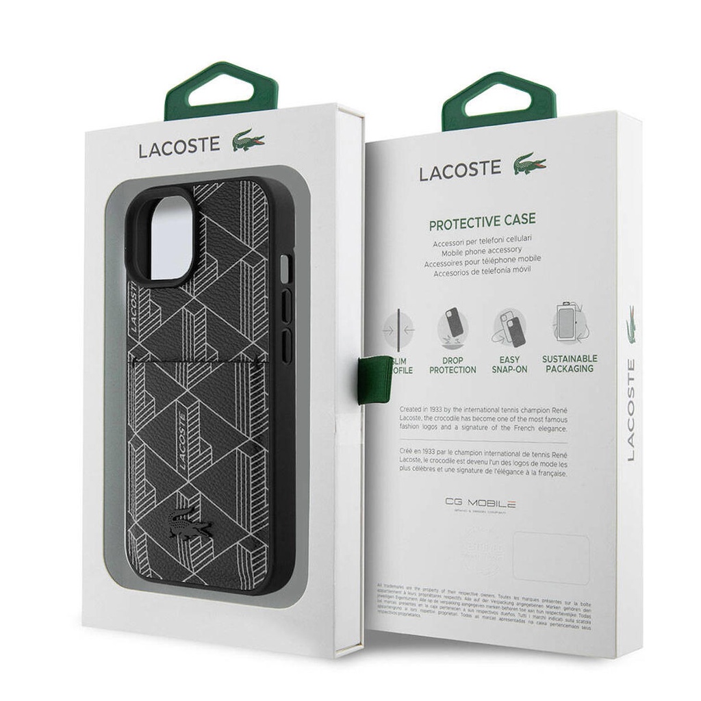 Apple iPhone 15 Uyumlu Kılıf Lacoste Orjinal Lisanslı Magsafe Şarj Özellikli PU Deri Görünümlü Kartlıklı Karışık Monogram Desenli Kapak