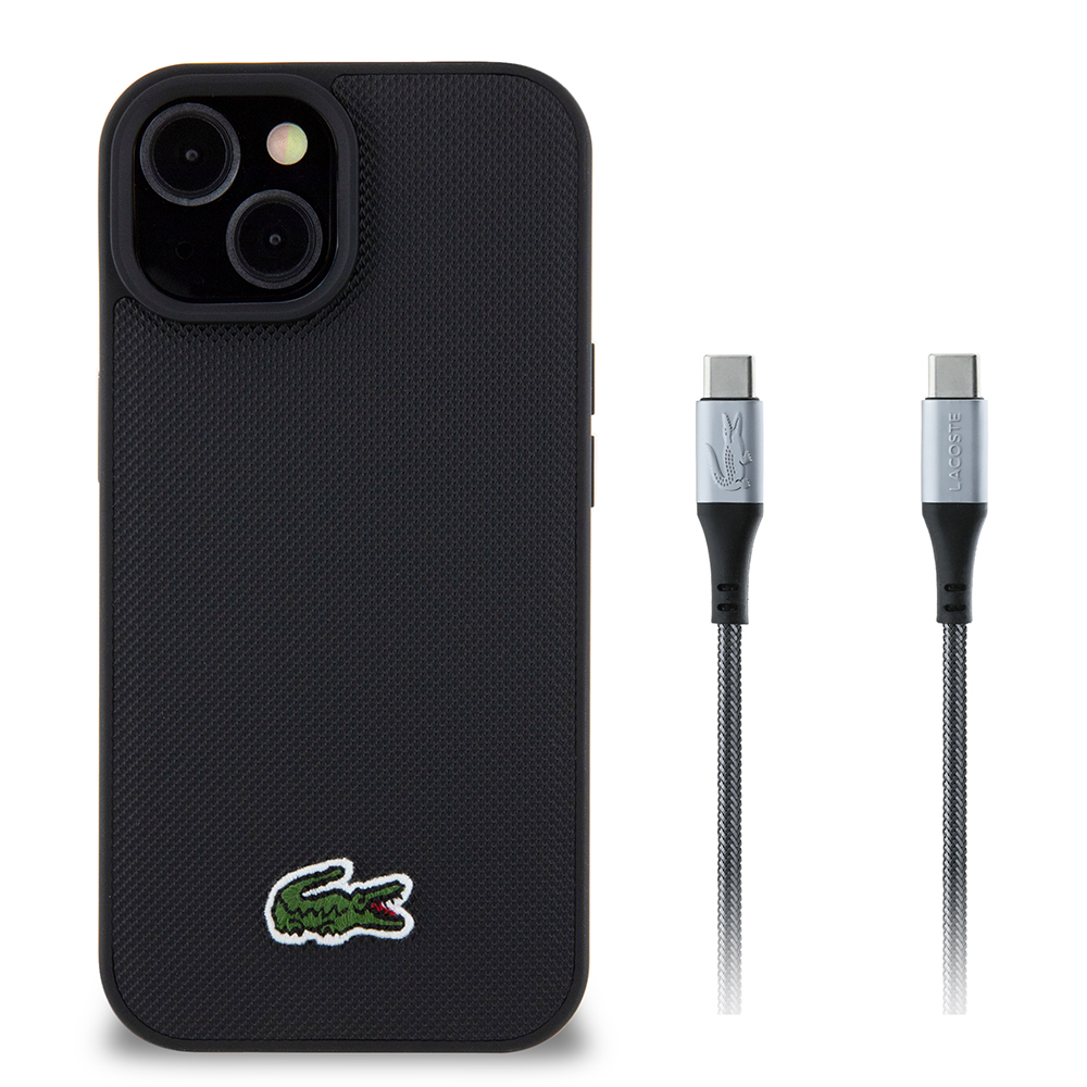 [RNZ-TA121032] Apple iPhone 15 Uyumlu Kılıf Lacoste Orjinal Lisanslı PU Pike Desenli Arka Yüzey İkonik Timsah Dokuma Logolu Kapak + Type-C Kablo 1.5m