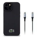 Apple iPhone 15 Uyumlu Kılıf Lacoste Orjinal Lisanslı PU Pike Desenli Arka Yüzey İkonik Timsah Dokuma Logolu Kapak + Type-C Kablo 1.5m
