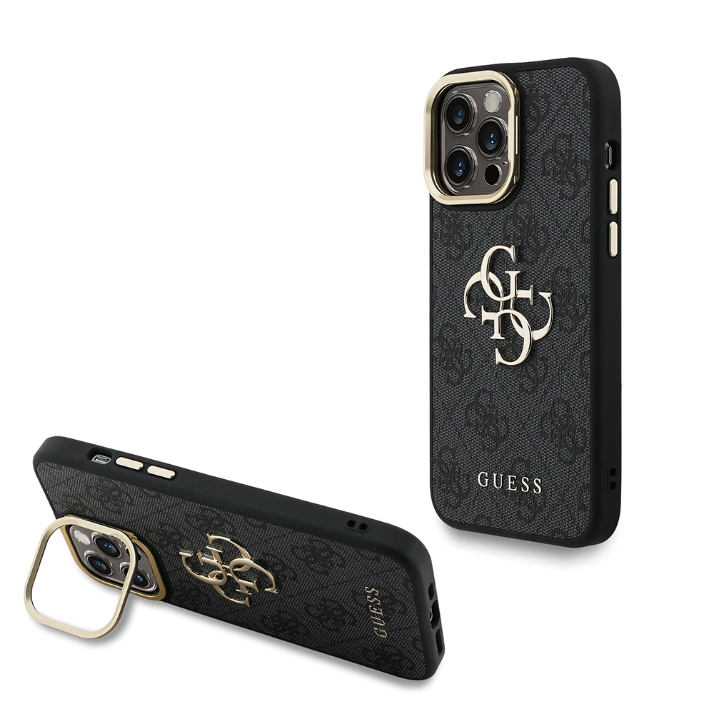 Apple iPhone 14 Pro Max Uyumlu Kılıf Guess Orjinal Lisanslı PU Deri 4G Desenli Metal Büyük 4G ve Yazı Logolu Kamera Standlı Kapak