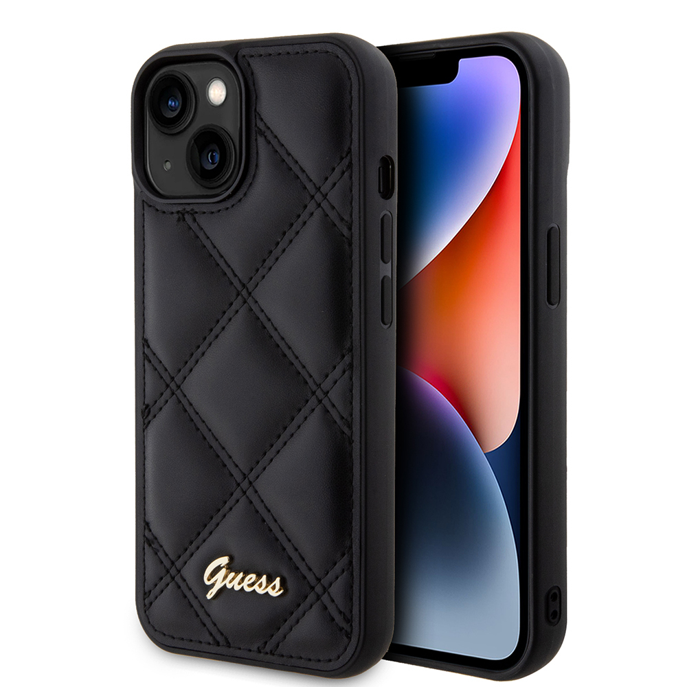 Apple iPhone 15 Uyumlu Kılıf Guess Orjinal Lisanslı PU Deri Metal Yazı Logolu Kapitone Kapak