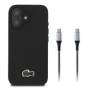 Apple iPhone 16 Uyumlu Kılıf Lacoste Orjinal Lisanslı PU Pike Desenli Arka Yüzey İkonik Timsah Dokuma Logolu Kapak + Type-C Kablo 1.5m