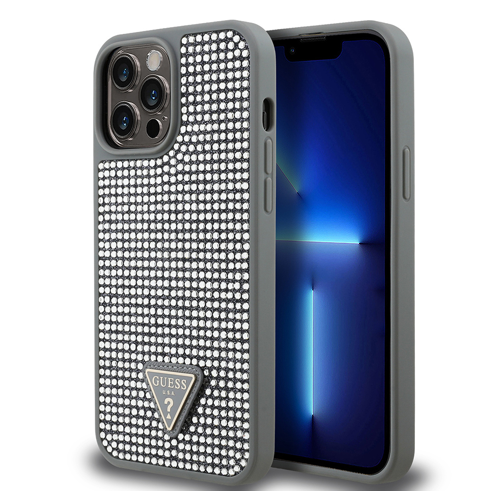 Apple iPhone 13 Pro Max Uyumlu Kılıf Guess Orjinal Lisanslı Taşlı Arka Yüzey Üçgen Logolu Kapak
