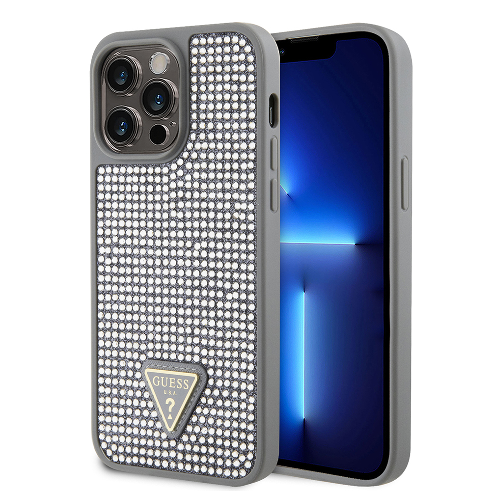 Apple iPhone 14 Pro Max Uyumlu Kılıf Guess Orjinal Lisanslı Taşlı Arka Yüzey Üçgen Logolu Kapak