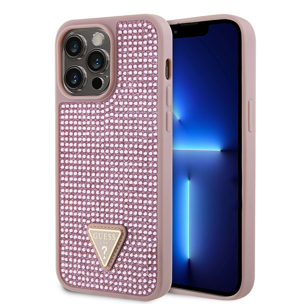 Apple iPhone 14 Pro Max Uyumlu Kılıf Guess Orjinal Lisanslı Taşlı Arka Yüzey Üçgen Logolu Kapak