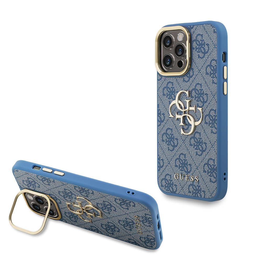 Apple iPhone 13 Pro Max Uyumlu Kılıf Guess Orjinal Lisanslı PU Deri 4G Desenli Metal Büyük 4G ve Yazı Logolu Kamera Standlı Kapak