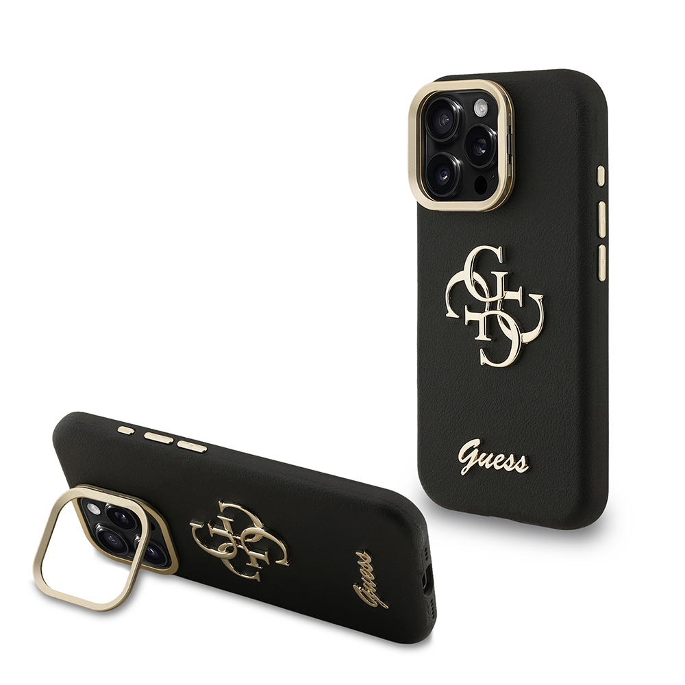 Apple iPhone 16 Pro Uyumlu Kılıf Guess Orjinal Lisanslı Grained Yazı Logolu Kamera Standlı Kapak