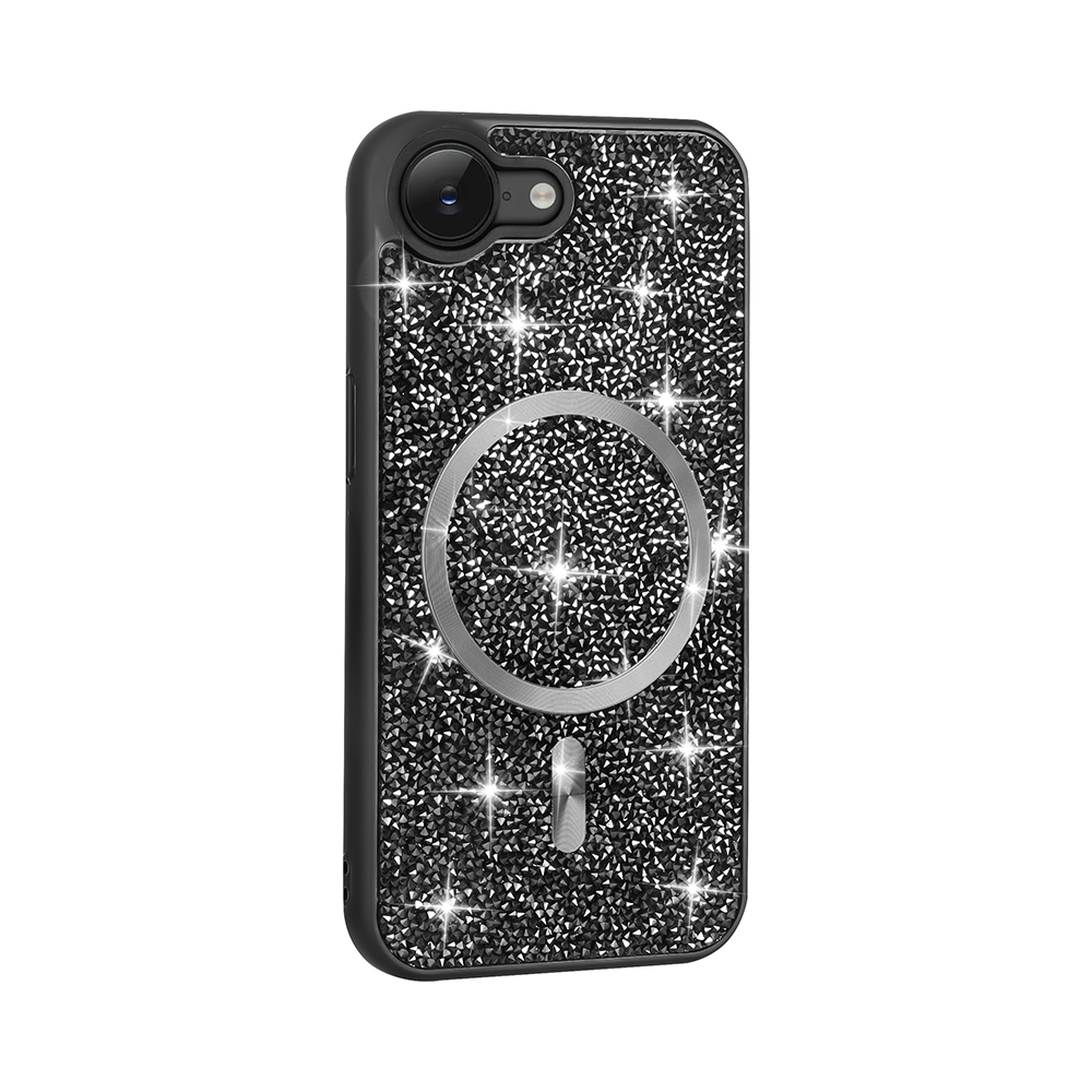 [RNZ-TA121831] Apple iPhone 16E Uyumlu Kılıf Pırlanta Tasarımlı M-safe Şarj Özellikli Zore Mozaik Silikon Kapak (Siyah)