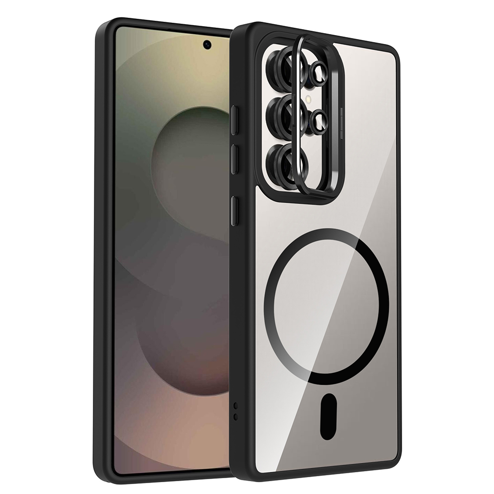 [RNZ-TA120203] Samsung Galaxy S25 Ultra Uyumlu Kılıf Standlı ve Kamera Lens Hediyeli M-Safe Şarj Özellikli Zore Etro Kapak (Siyah)