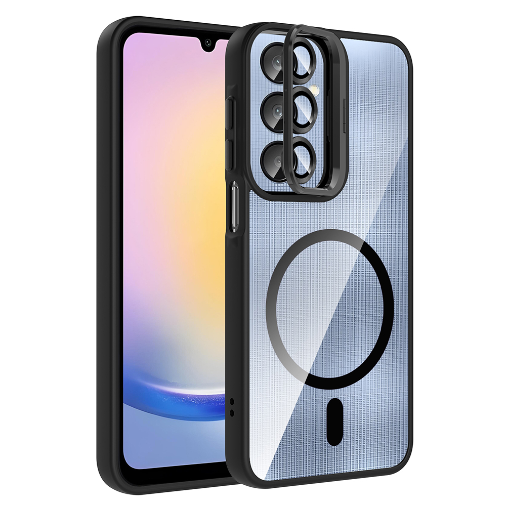 [RNZ-TA120137] Samsung Galaxy A25 Uyumlu Kılıf Standlı ve Kamera Lens Hediyeli M-Safe Şarj Özellikli Zore Etro Kapak (Siyah)