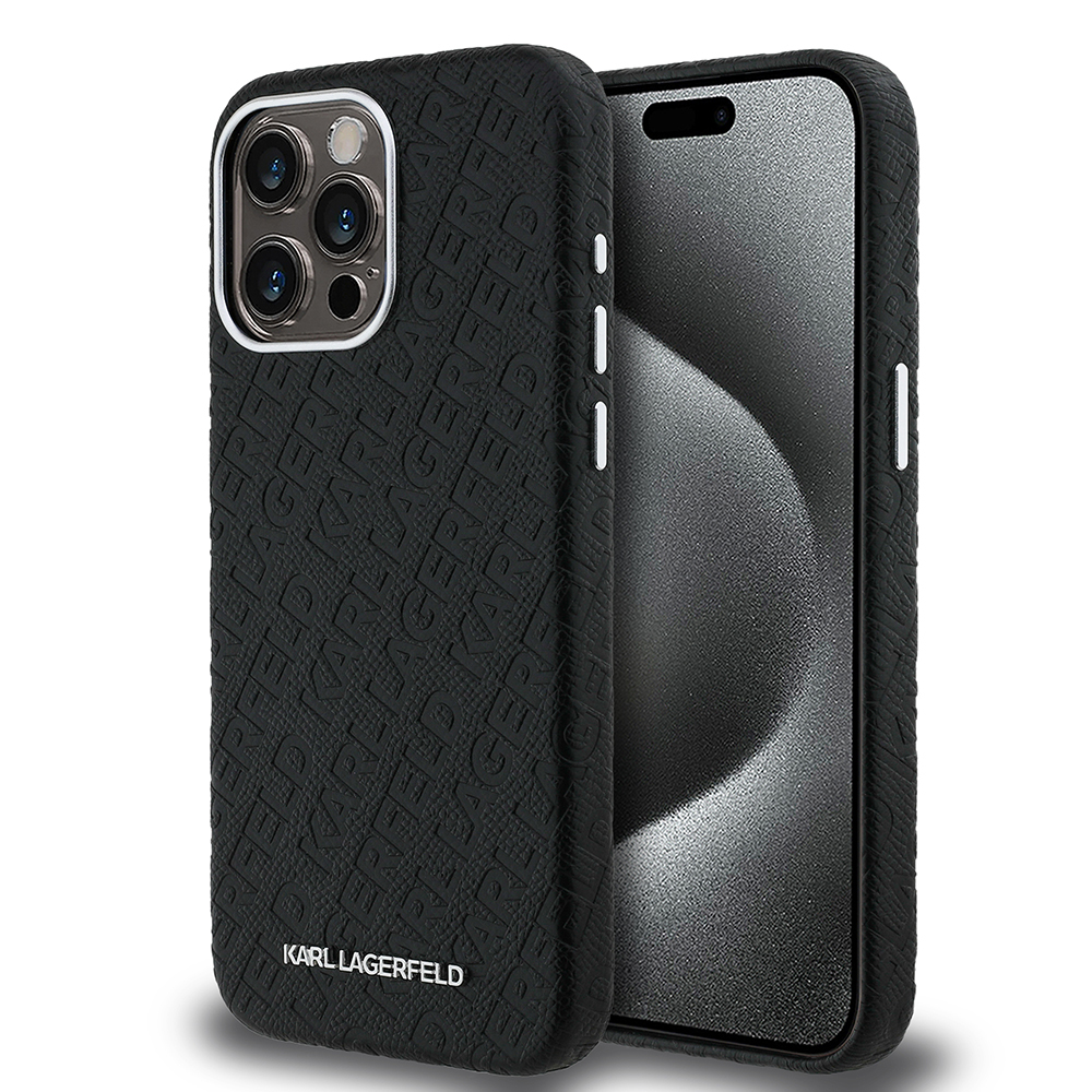 [RNZ-TA122069] Apple iPhone 15 Pro Max Uyumlu Kılıf Karl Lagerfeld Orjinal Lisanslı PU Deri Damgalı Metal Yazı Logolu Kapak