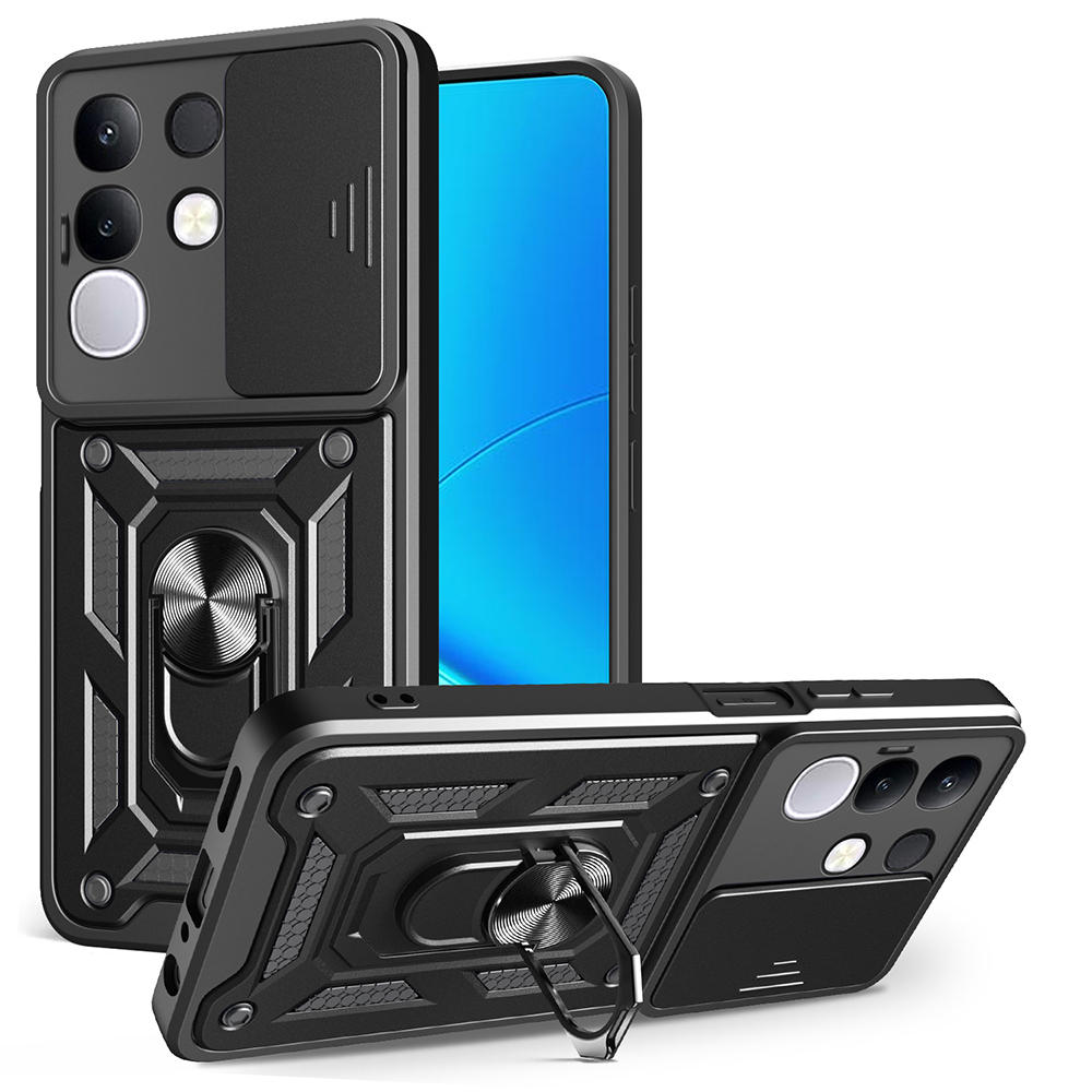 [RNZ-TA121931] Vivo Y29 4G Uyumlu Kılıf Magnetik Standlı Kamera Korumalı Zore Sürgülü Vega Kapak (Siyah)