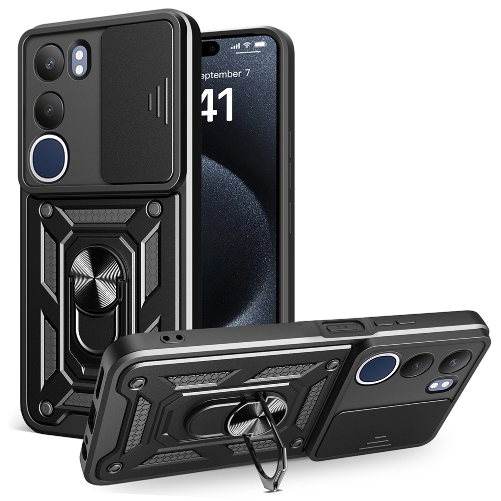 [RNZ-TA121935] Vivo Y19S Uyumlu Kılıf Magnetik Standlı Kamera Korumalı Zore Sürgülü Vega Kapak (Siyah)