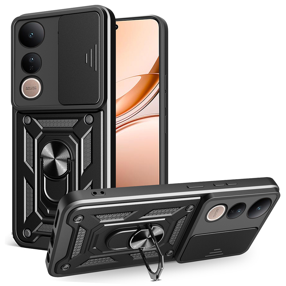 [RNZ-TA121937] Vivo V50 Lite 4G Uyumlu Kılıf Magnetik Standlı Kamera Korumalı Zore Sürgülü Vega Kapak (Siyah)