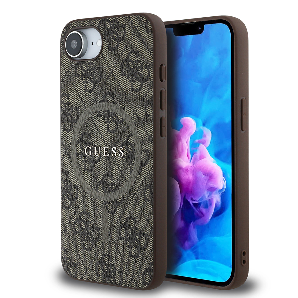 Apple iPhone 16E Uyumlu Kılıf Guess Orjinal Lisanslı M-safe Şarj Özellikli PU Halkalı 4G Desenli Yazı Logolu Kapak
