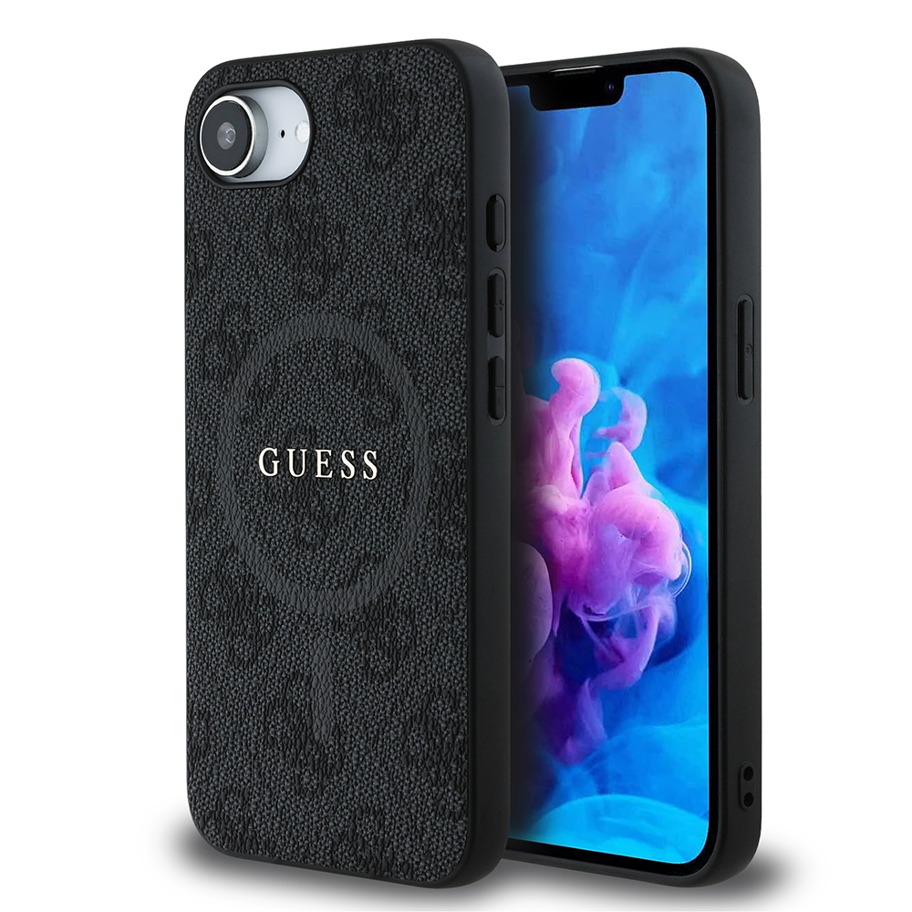 Apple iPhone 16E Uyumlu Kılıf Guess Orjinal Lisanslı M-safe Şarj Özellikli PU Halkalı 4G Desenli Yazı Logolu Kapak