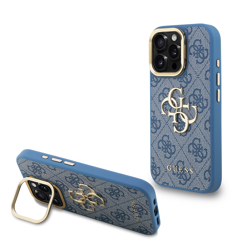 Apple iPhone 15 Pro Max Uyumlu Kılıf Guess Orjinal Lisanslı PU Deri 4G Desenli Metal Büyük 4G ve Yazı Logolu Kamera Standlı Kapak