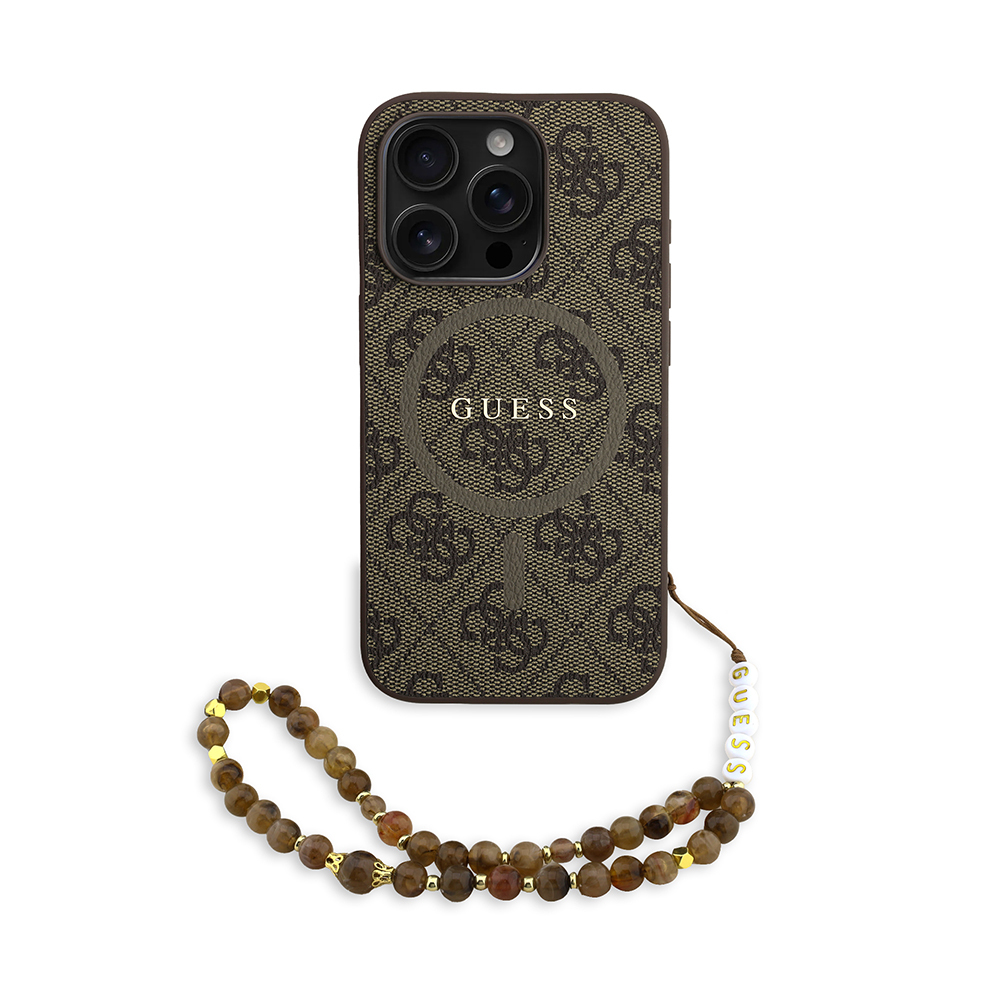 Apple iPhone 15 Pro Uyumlu Kılıf Guess Orjinal Lisanslı M-safe Şarj Özellikli PU Deri Bilek Askı İpli Yazı Logolu Kapak