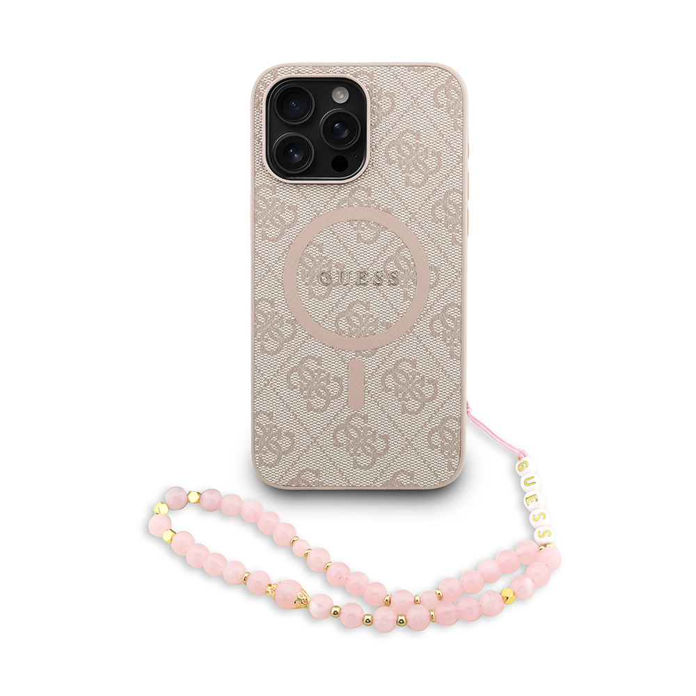 Apple iPhone 15 Pro Max Uyumlu Kılıf Guess Orjinal Lisanslı M-safe Şarj Özellikli PU Deri Bilek Askı İpli Yazı Logolu Kapak