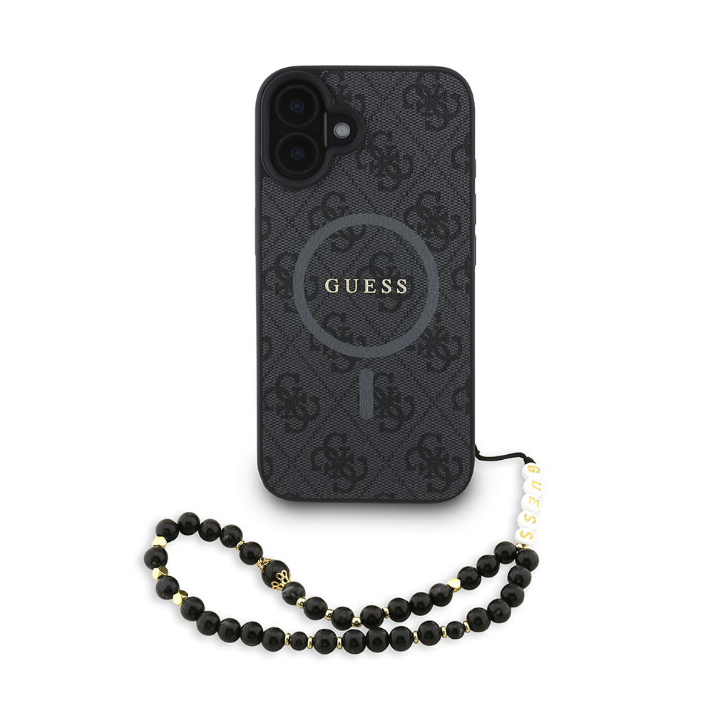 Apple iPhone 16 Plus Uyumlu Kılıf Guess Orjinal Lisanslı M-safe Şarj Özellikli PU Deri Bilek Askı İpli Yazı Logolu Kapak
