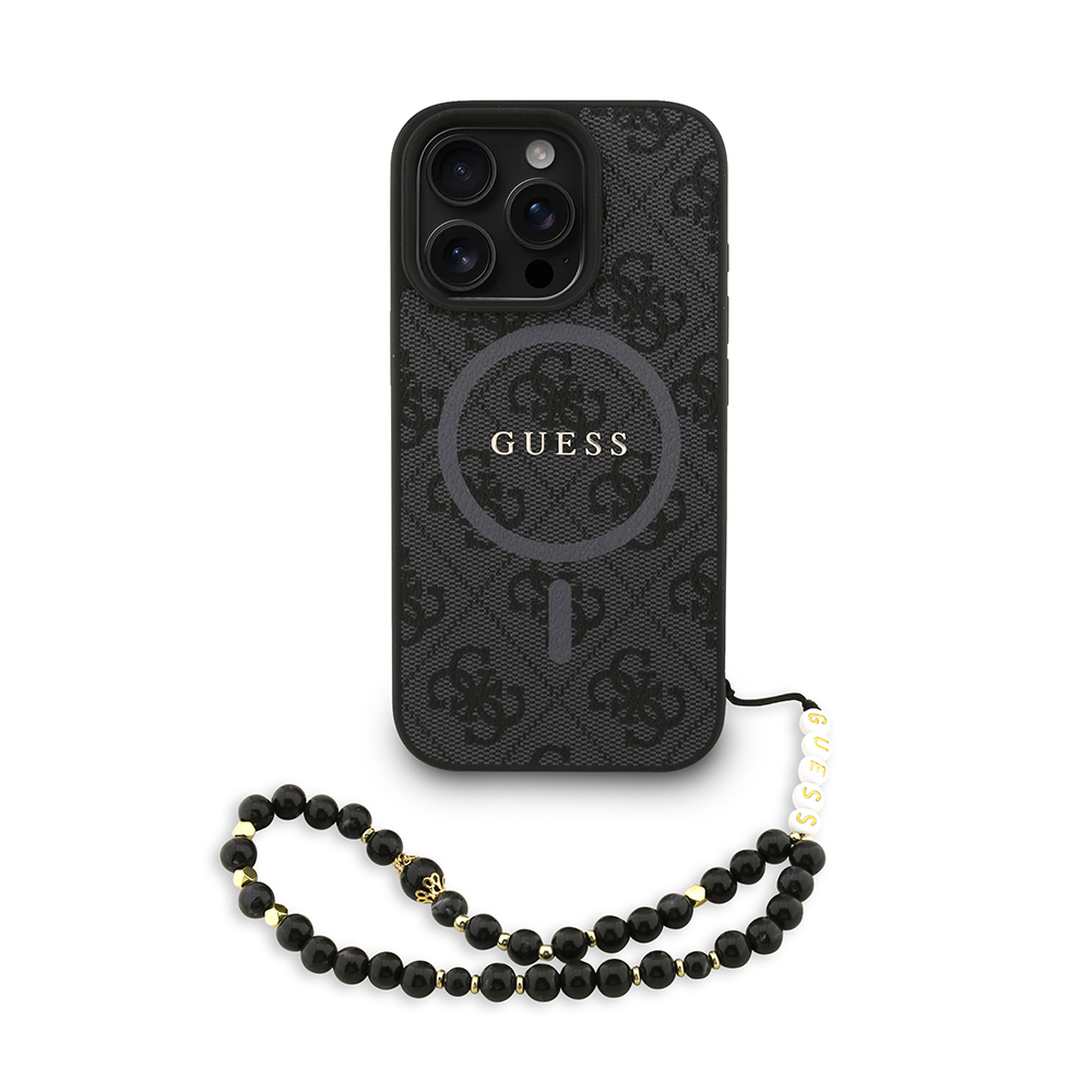 [RNZ-TA122161] Apple iPhone 16 Pro Max Uyumlu Kılıf Guess Orjinal Lisanslı M-safe Şarj Özellikli PU Deri Bilek Askı İpli Yazı Logolu Kapak (Siyah)
