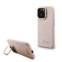 Apple iPhone 15 Pro Uyumlu Kılıf Guess Orjinal Lisanslı M-safe Şarj Özellikli Sıcak Baskılı Yazı Logolu Kamera Standlı PU Deri Peony Kapak