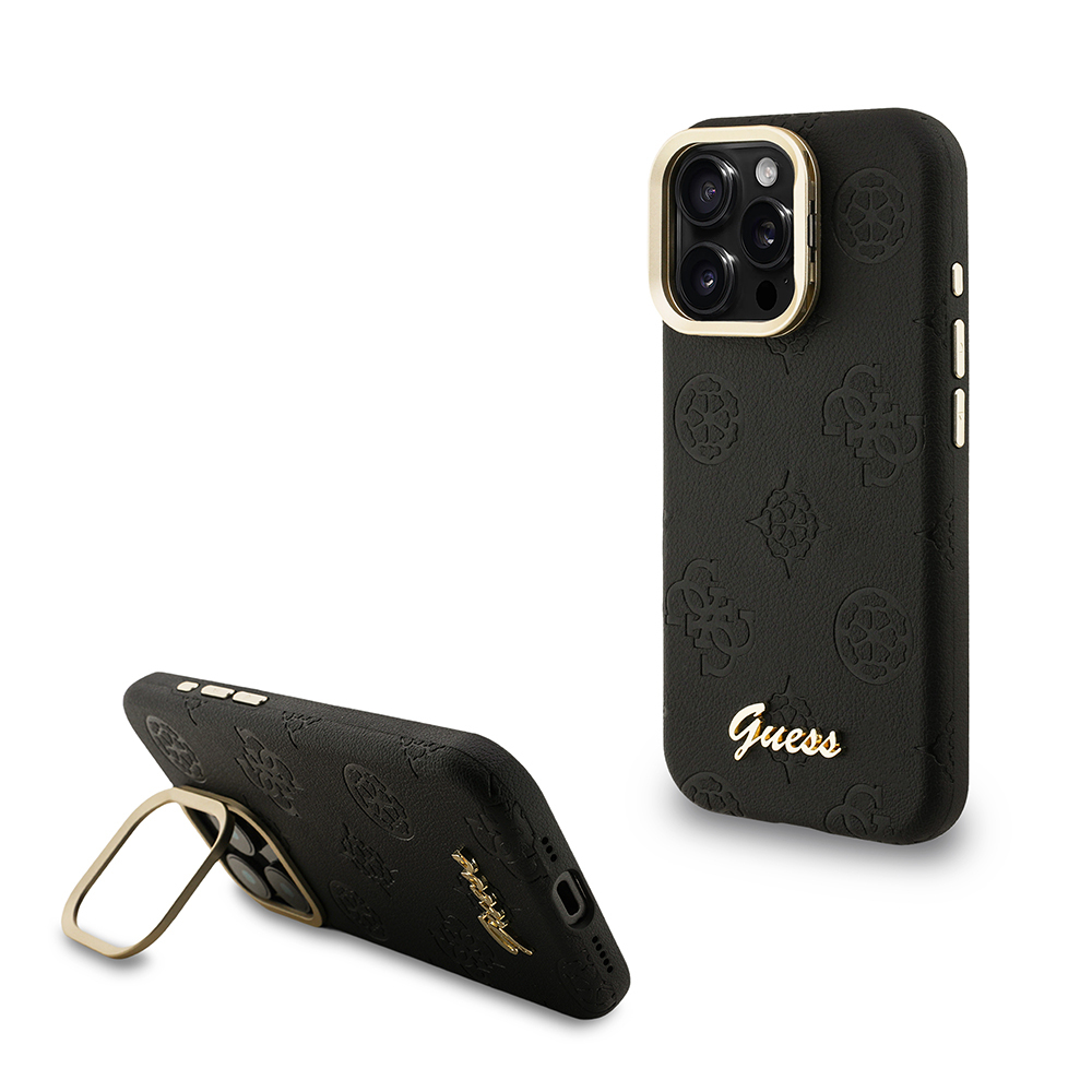 Apple iPhone 15 Pro Max Uyumlu Kılıf Guess Orjinal Lisanslı M-safe Şarj Özellikli Sıcak Baskılı Yazı Logolu Kamera Standlı PU Deri Peony Kapak