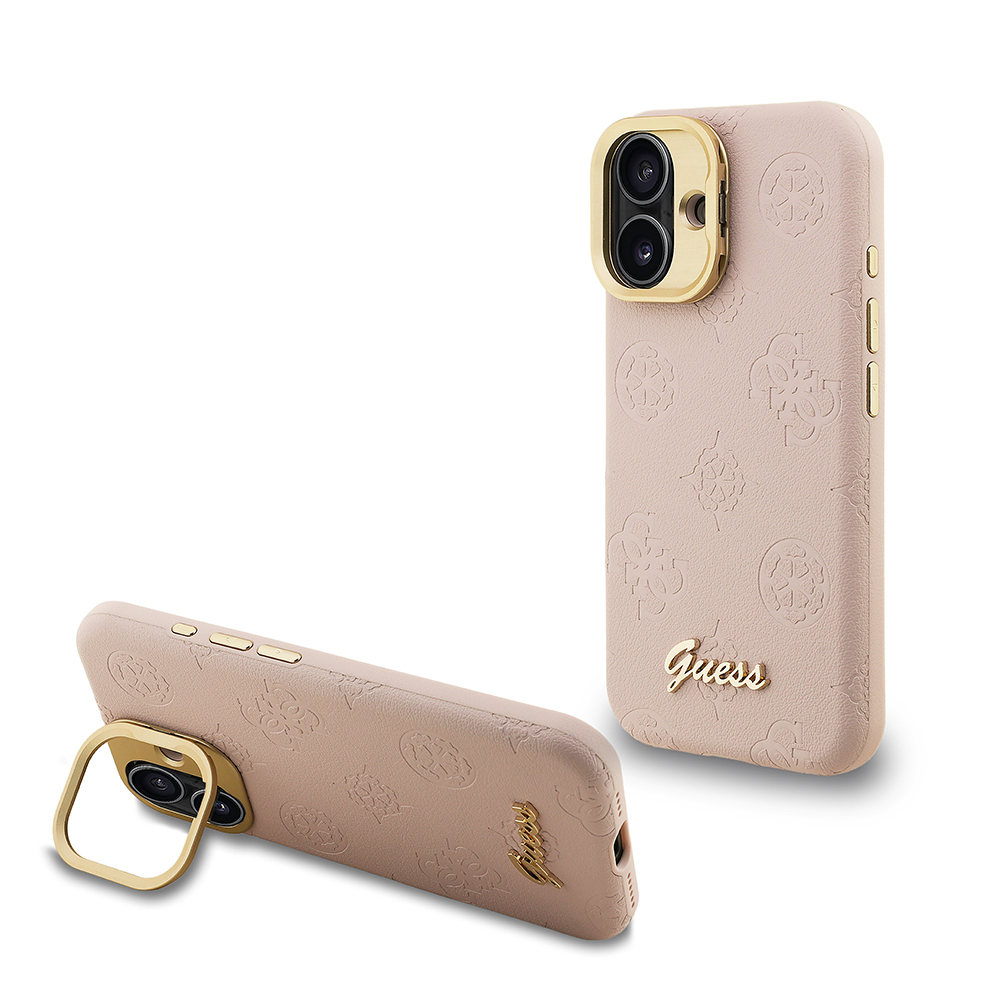 Apple iPhone 16 Uyumlu Kılıf Guess Orjinal Lisanslı M-safe Şarj Özellikli Sıcak Baskılı Yazı Logolu Kamera Standlı PU Deri Peony Kapak