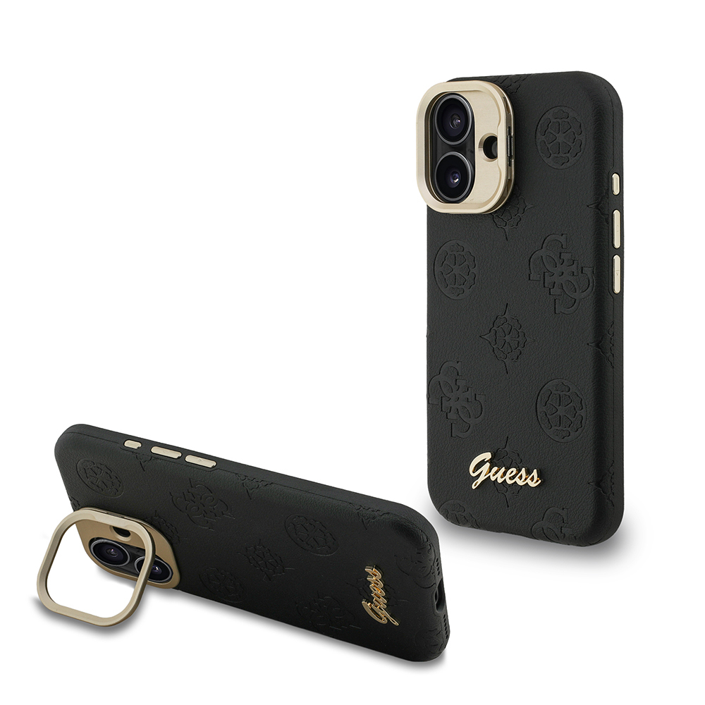Apple iPhone 16 Uyumlu Kılıf Guess Orjinal Lisanslı M-safe Şarj Özellikli Sıcak Baskılı Yazı Logolu Kamera Standlı PU Deri Peony Kapak