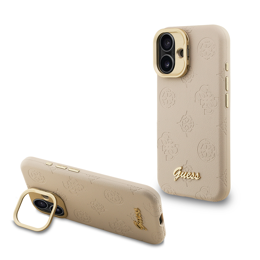 Apple iPhone 16 Uyumlu Kılıf Guess Orjinal Lisanslı M-safe Şarj Özellikli Sıcak Baskılı Yazı Logolu Kamera Standlı PU Deri Peony Kapak