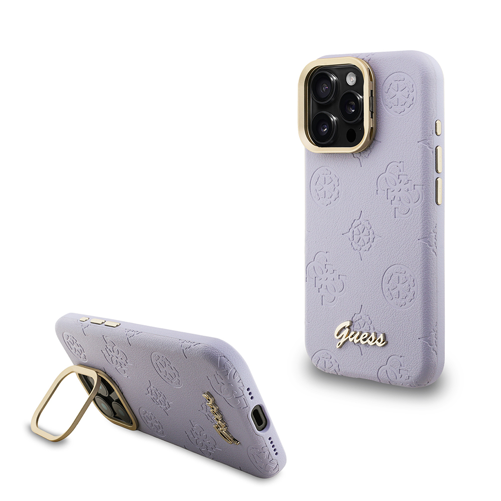 Apple iPhone 16 Pro Max Uyumlu Kılıf Guess Orjinal Lisanslı M-safe Şarj Özellikli Sıcak Baskılı Yazı Logolu Kamera Standlı PU Deri Peony Kapak