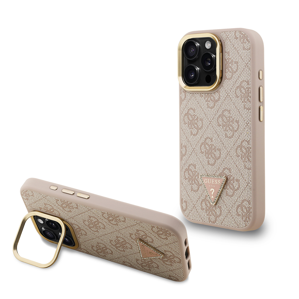 Apple iPhone 15 Pro Max Uyumlu Kılıf Guess Orjinal Lisanslı PU Deri Taşlı Üçgen Logo 4G Desenli Kamera Standlı Kapak