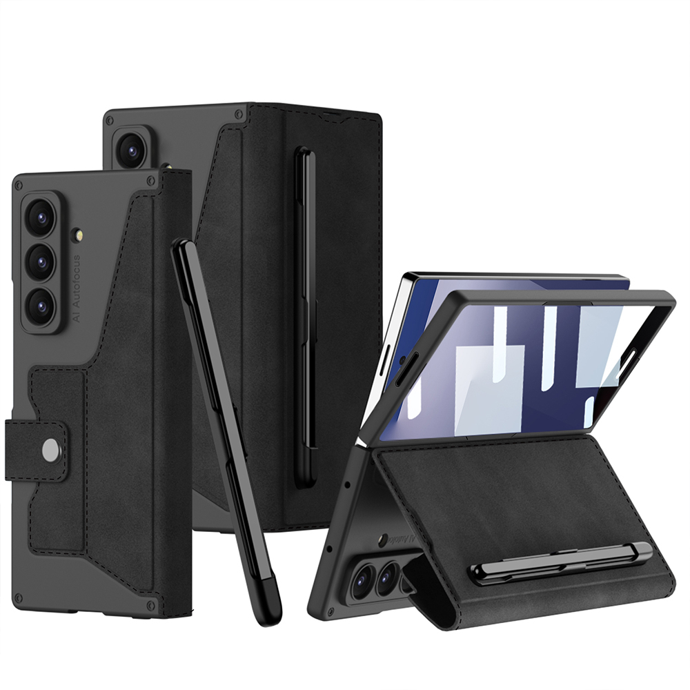 [RNZ-TA122579] Samsung Galaxy Z Fold 7 Uyumlu Kılıf Kamera Korumalı Kadife Tasarımlı Zore Kıpta Kalem Bölmeli Fest Kapak (Siyah)