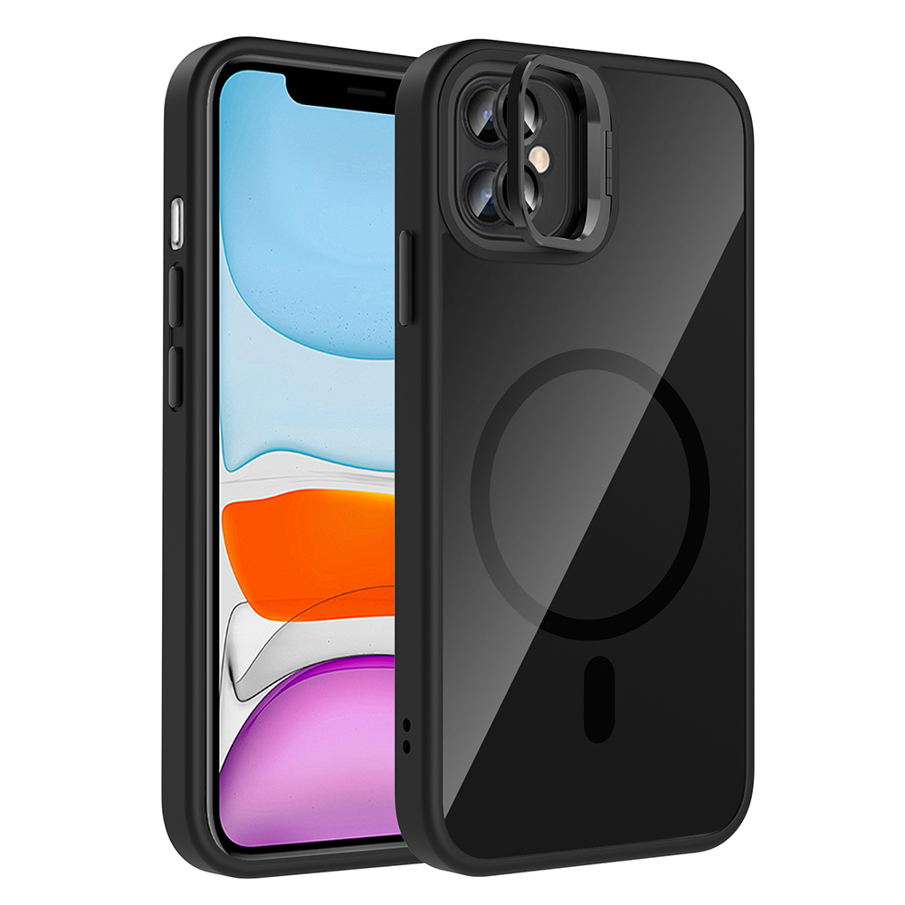 [RNZ-TA120045] Apple iPhone 11 Uyumlu Kılıf Standlı ve Kamera Lens Hediyeli M-Safe Şarj Özellikli Zore Etro Kapak (Siyah)