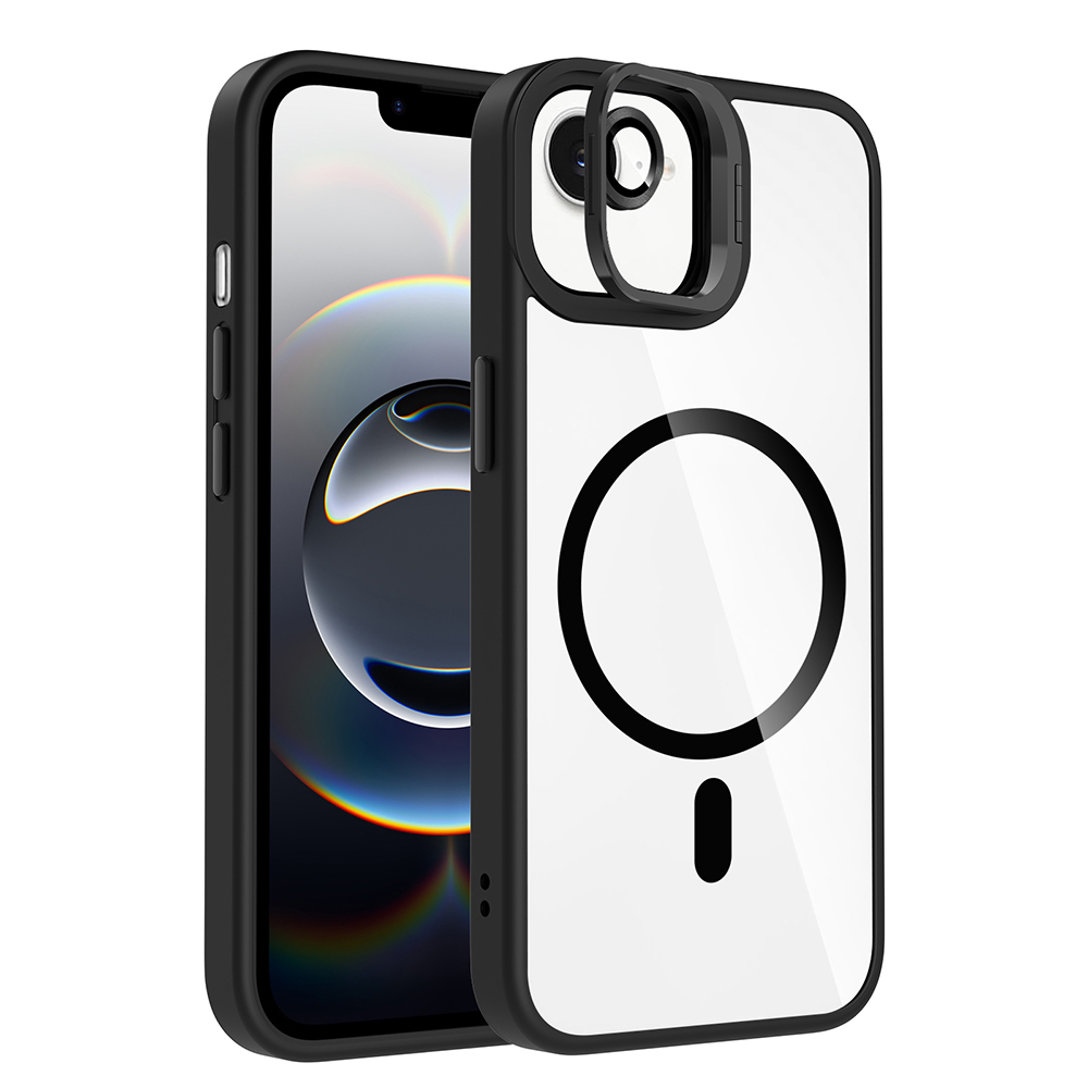 [RNZ-TA120113] Apple iPhone 16E Uyumlu Kılıf Standlı ve Kamera Lens Hediyeli M-Safe Şarj Özellikli Zore Etro Kapak (Siyah)