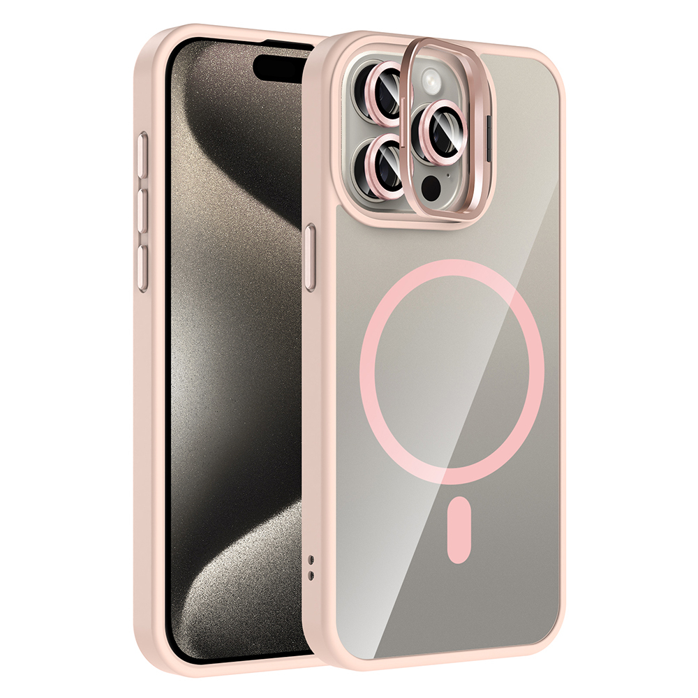 Apple iPhone 15 Pro Max Uyumlu Kılıf Standlı ve Kamera Lens Hediyeli M-Safe Şarj Özellikli Zore Etro Kapak